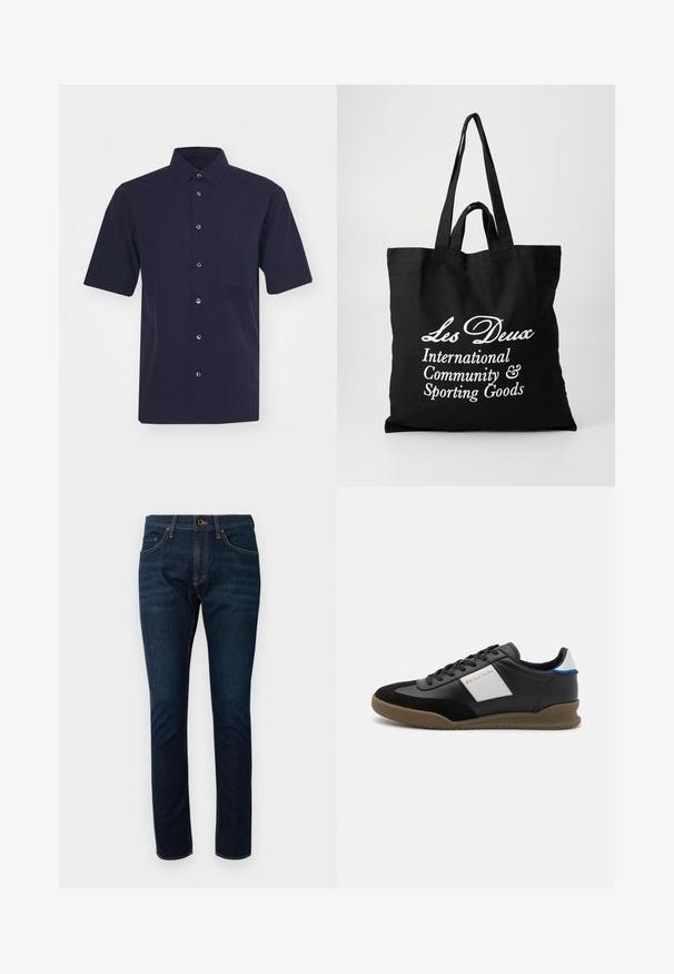 Chemise à manches courtes de couleur bleu marine foncé, fabriquée dans un tissu à la texture lisse. Dispose d'un col classique, d'une fermeture à boutons et d'une poche sur la poitrine.; Jeans en denim bleu foncé avec un design ajusté, dotés de cinq poches et de coutures contrastées. Le tissu a une texture lisse.; Baskets en cuir noir et en nubuck avec un panneau gris, semelle en caoutchouc marron et accent bleu sur le talon. Elles disposent de lacets et d'un logo embossé.; Sac fourre-tout noir en toile avec deux poignées robustes, portant le texte blanc : "Les Deux International Community & Sporting Goods."