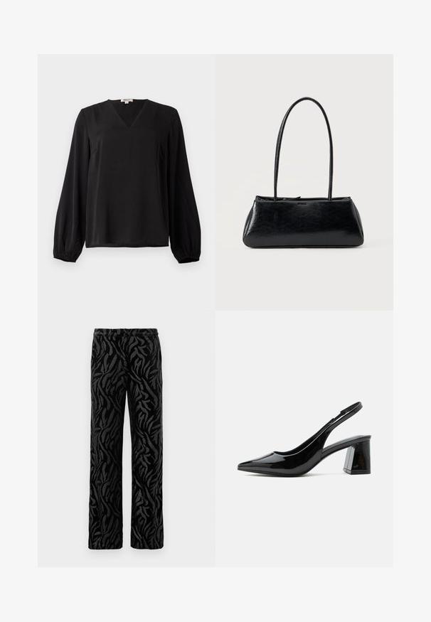 Blusa negra de manga larga con cuello en V y puños elásticos, hecha de tela suave, exhibida sobre un fondo blanco liso.; Pantalones negros con un patrón texturizado y en espiral. Fabricados con un material suave, tienen un corte de pierna recta y una cinturilla elástica para mayor comodidad.; Zapato slingback negro de charol con punta afilada y tacón ancho de altura media sobre fondo blanco.; Bolso de hombro rectangular negro con correas largas y delgadas y una textura lisa y brillante sobre un fondo liso.