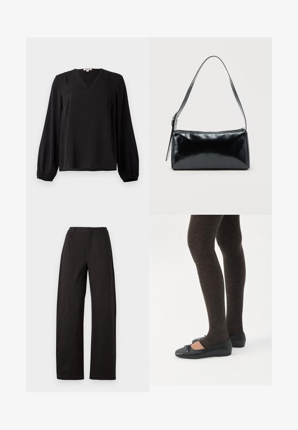 Blusa negra de manga larga con cuello en V y puños elásticos, hecha de tela suave, exhibida sobre un fondo blanco liso.; Pantalones de pierna ancha negros, con una cintura alta, corte recto y textura suave. Sin patrones visibles ni detalles de herrajes.; Piernas con leggings oscuros acanalados combinados con bailarinas negras que presentan pequeños detalles de lazo sobre un fondo blanco.; Bolso de hombro rectangular negro con una correa ajustable y un cierre de cremallera superior sobre un fondo liso.