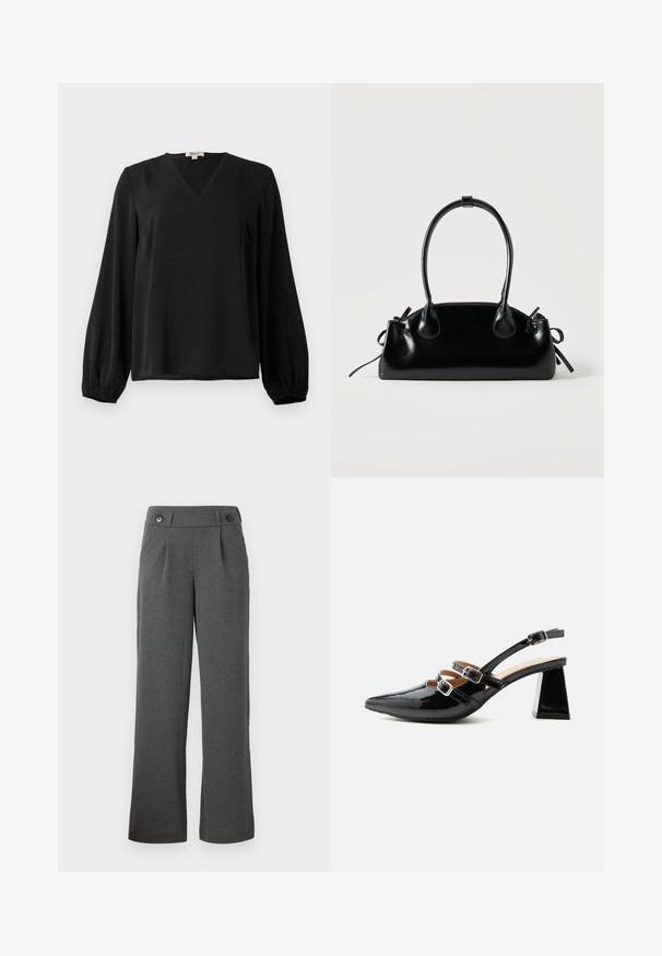 Blusa negra de manga larga con cuello en V y puños elásticos, hecha de tela suave, exhibida sobre un fondo blanco liso.; Pantalones de pierna ancha grises hechos de un tejido texturizado, con una cintura alta, pliegues en la parte delantera y dos botones en la cinturilla.; Tacón slingback de charol negro con dos cintas delanteras con hebilla y un tacón grueso y acampanado de 6 cm sobre un fondo claro y liso.; Pequeño bolso negro brillante con dos asas largas y detalles de cordón lateral sobre un fondo claro liso.