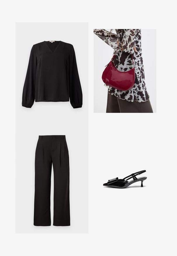 Blusa negra de manga larga con cuello en V y puños elásticos, hecha de tela suave, exhibida sobre un fondo blanco liso.; Pantalones negros de talle alto y pierna recta con pliegues delanteros y trabillas para cinturón, exhibidos sobre un fondo blanco liso.; Zapatos de tacón slingback de charol negro con punta afilada, detalle de lazo en el frente y un pequeño tacón de aguja. Las correas tienen hebillas ajustables.; Mujer con blusa de estampado en blanco y negro sosteniendo un bolso de hombro rojo brillante sobre un fondo liso.