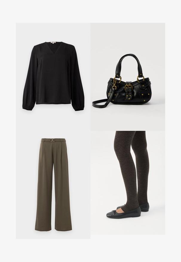 Blusa negra de manga larga con cuello en V y puños elásticos, hecha de tela suave, exhibida sobre un fondo blanco liso.; Pantalones de pierna ancha en tejido verde oliva oscuro que presentan una cintura con cinturón y una hebilla circular dorada, además de pliegues frontales para un detalle adicional.; Piernas con leggings oscuros acanalados combinados con bailarinas negras que presentan pequeños detalles de lazo sobre un fondo blanco.; Bolso de cuero negro con hebilla y detalles de remaches dorados, asas cortas y una correa de hombro ajustable sobre un fondo blanco liso.
