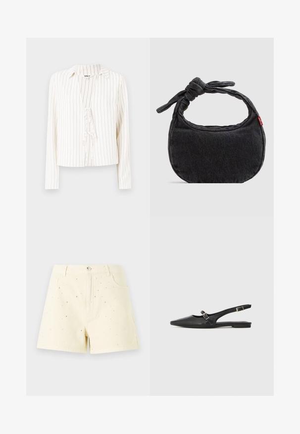 Chemise blanche à manches longues avec des rayures verticales noires, col classique et détail de cravate sur le devant. Tissu doux avec coupe décontractée.; Shorts en denim jaunes avec une taille haute et une coupe décontractée, ornés de petits clous en argent éparpillés sur le devant pour un effet de détail.; Chaussures slingback en cuir noir avec un bout pointu, comprenant une lanière étroite et un accent de boucle argentée sur le côté. Semelle plate.; Petit sac d'épaule en denim noir avec une sangle nouée et une fermeture éclair, arborant une étiquette en tissu rouge Levi's sur le côté.