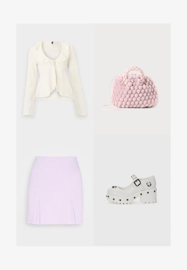 Blouse crème à manches longues avec col à volants et détail de nœud à l'avant, en tissu texturé avec un ourlet légèrement évasé.; Even&Odd by Zalando Minijupe - lilac; Chaussures à plateforme blanches avec un bout arrondi, sangle à boucle et clous ronds. Semelle texturée avec un léger talon et détail de quincaillerie décoratif.; Sac à main en pompon rose texturé avec une poignée tressée et une fine sangle. Forme ronde, surface douce, design compact.