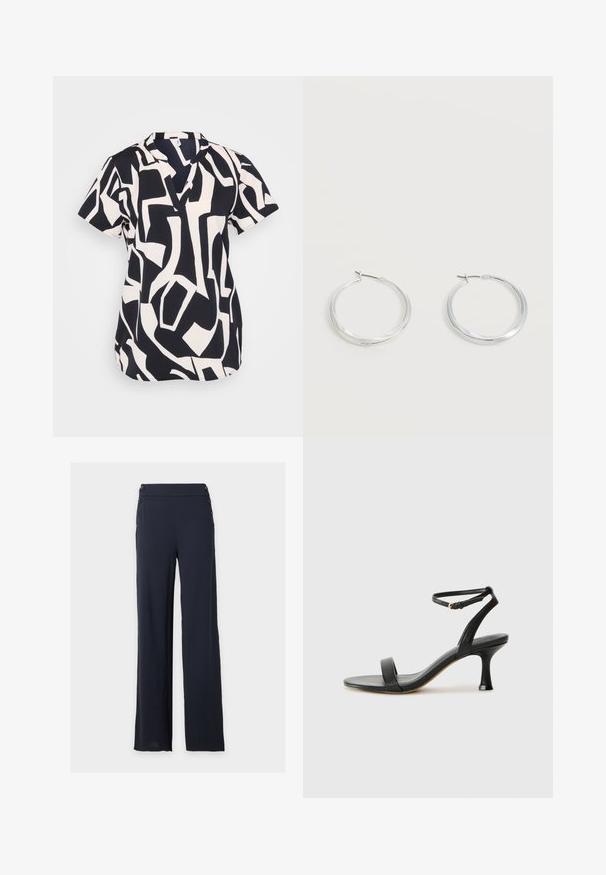 Blusa de manga corta en azul marino y crema con un patrón geométrico abstracto, con un escote en pico y un corte relajado. Tejido texturizado.; Pantalones azul marino de pierna ancha con cintura alta, detalles de botones en ambos costados y tela suave, mostrados sobre un fondo blanco liso.; Sandalia de tacón negra de cuero con tira al tobillo, que presenta un diseño elegante, punta abierta y un tacón afilado para una silueta estilizada.; Pendientes de aro de metal plateado con superficie lisa y ligeramente curvada y cierre de tipo mosquetón sobre un fondo blanco liso.