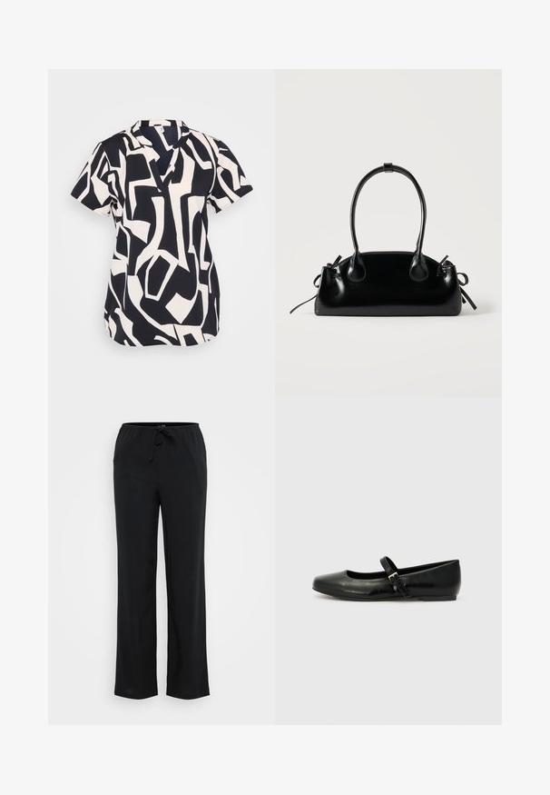 Blusa de manga corta en azul marino y crema con un patrón geométrico abstracto, con un escote en pico y un corte relajado. Tejido texturizado.; Vero Moda Tall VMBERLIN WIDE PANEL - Pantalones - black; Bailarinas de cuero negro con punta redondeada, suela plana y una delgada correa ajustable en el empeine que cuenta con una hebilla de metal.; Pequeño bolso negro brillante con dos asas largas y detalles de cordón lateral sobre un fondo claro liso.