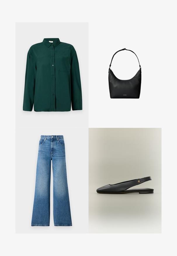 Donkergroene, lange mouwen button-up shirt van soepel materiaal, met een kraag en een enkele borstzak aan de linkerkant.; Hoge taille spijkerbroek van blauw denim met een wijd uitlopende snit, voorzien van lichte vervaging, een klassiek vijf-pocket ontwerp en metalen knoopsluiting.; Zwarte leren slingback platte schoen met spits toelopende neus en gouden logo-accent op het bandje, weergegeven op een neutrale achtergrond.; Zwarte gestructureerde leren schoudertas met een enkele riem en een klein Calvin Klein-logo aan de voorkant in het midden.