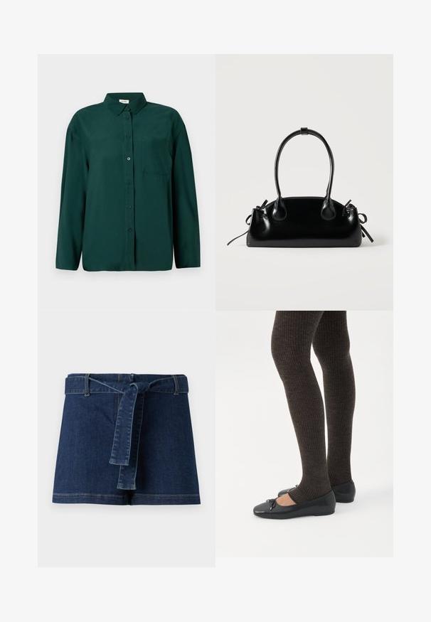 Donkergroene, lange mouwen button-up shirt van soepel materiaal, met een kraag en een enkele borstzak aan de linkerkant.; Donkerblauwe denim shorts met een brede tailleband en een stoffen riem. Soepele textuur met zichtbare stikdetails aan de zoom.; Benen met donkere geribbelde leggings gecombineerd met zwarte ballerina's met kleine strikdetails op een witte achtergrond.; Kleine zwarte glanzende handtas met twee lange hengsels en zijkant trekkoord details op een effen lichte achtergrond.
