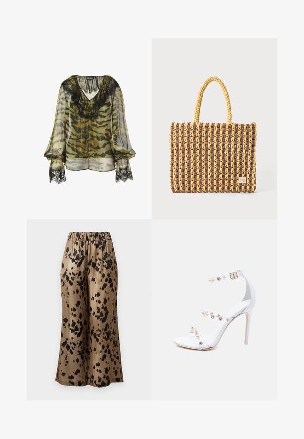 Blusa de gasa con un patrón de camuflaje en oliva y gris, con un borde de encaje negro en el escote y los puños de las mangas, de corte suelto.; Pantalones de pierna ancha de color marrón con un diseño estampado de manchas negras, fabricados en una tela brillante, con una cinturilla elástica para mayor comodidad.; Sandalia blanca de tacón alto con tiras transparentes adornadas con tachuelas doradas y brillantes de cristal, y una correa al tobillo con hebilla dorada.; Bolso tejido en marrón y amarillo, con forma rectangular, dos asas y un acabado texturizado con costuras visibles y una etiqueta de marca.