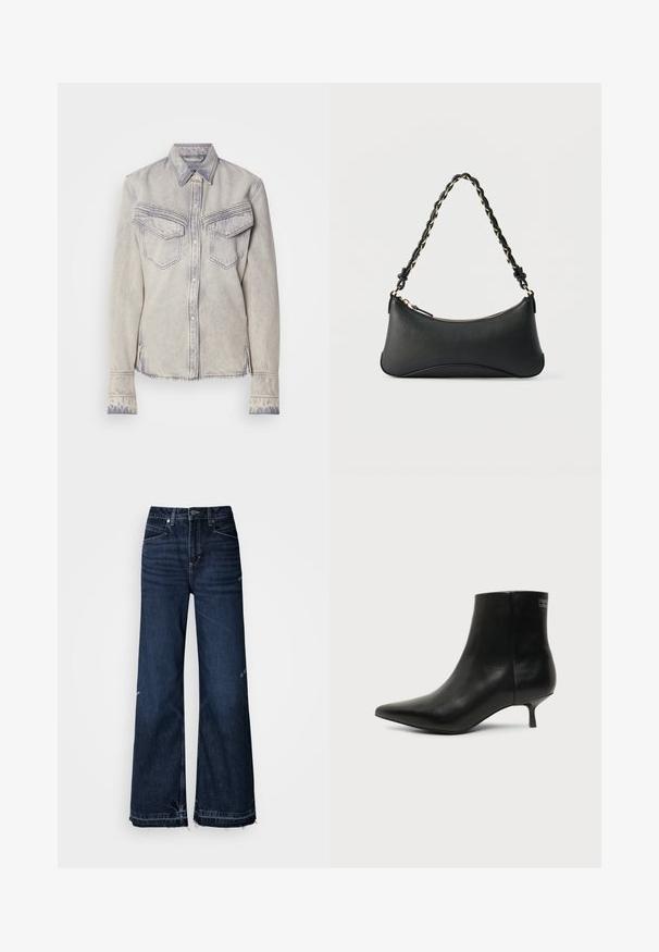 Lichtgewassen denim shirt met een spitse kraag, twee borstzakken en knoopsluiting. Heeft contrasterende stiksels en een rafelige zoom.; Jeans met hoge taille en wijde pijpen, gemaakt van donker denim. De jeans hebben rafelige zoom en een ontwerp met vijf zakken met zichtbare stiksels.; Zwart leren enkellaars met puntige neus en lage kittenhak op lichte achtergrond, zijaanzicht buitenkant.; Zwarte lederen schoudertas met een gebogen rechthoekige vorm, gouden ketting verweven in een gevlochten zwarte band, en een ritssluiting bovenop.