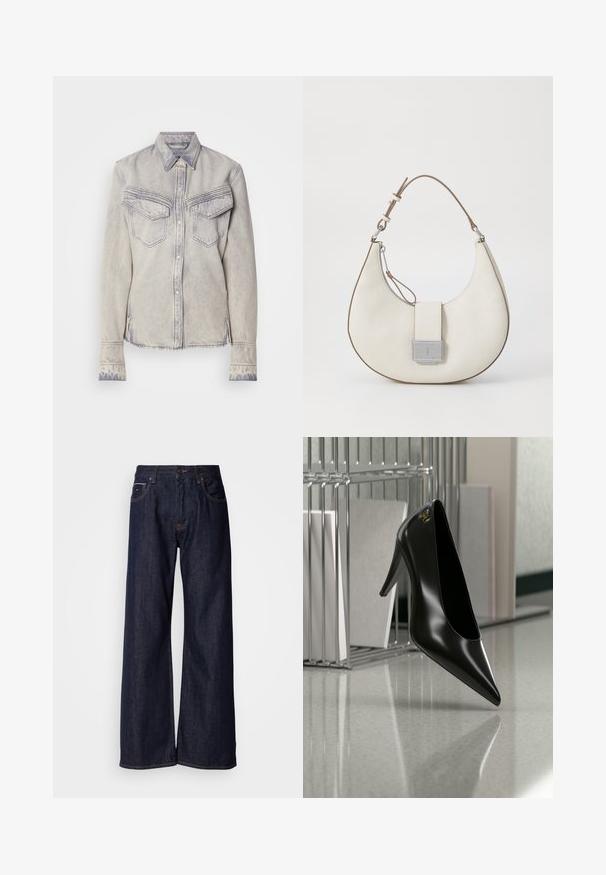 Hellblaues Denim-Hemd mit spitzem Kragen, zwei Brusttaschen und Knopfverschluss. Mit kontrastierender Naht und fransigem Saum.; Weite dunkelblaue Jeans mit hoher Taille, vorderen Taschen und subtilen Nähdetails. Glatte Textur mit klassischem Schnitt.; Schwarzer High-Heel-Schuh mit spitzer Zehe und goldem Logo, auf einer reflektierenden Oberfläche nahe einem verchromten Draht-Organizer mit Dokumenten positioniert.; Weiße Lederhandtasche mit geschwungener Form, kontrastierenden braunen Akzenten, einem silbernen Verschluss und einer strukturierten Oberfläche. Verfügt über einen einzelnen Schulterriemen.