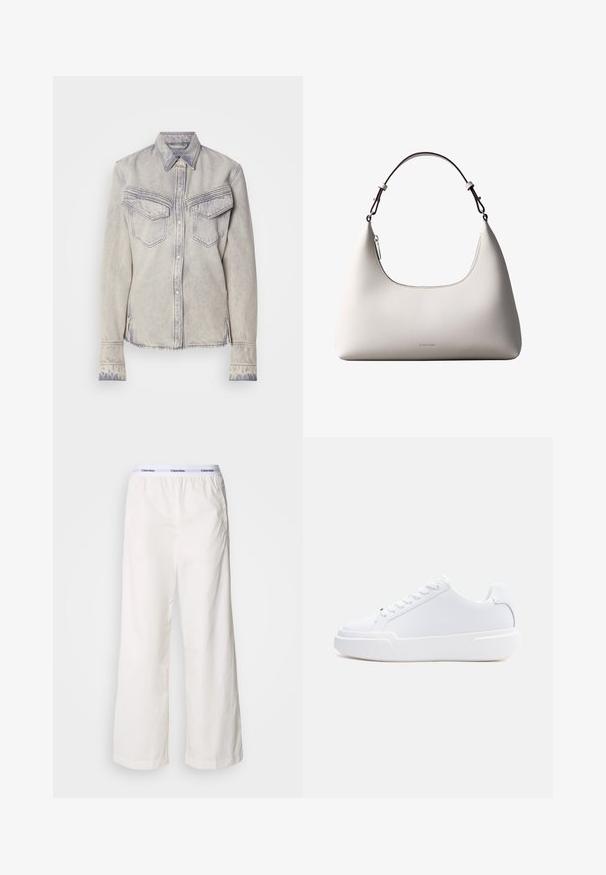 Hellblaues Denim-Hemd mit spitzem Kragen, zwei Brusttaschen und Knopfverschluss. Mit kontrastierender Naht und fransigem Saum.; Weiße weite Hosen mit einem elastischen Bund, der ein kontrastierendes Calvin Klein-Logo trägt. Hergestellt aus glattem Stoff bieten sie eine lockere Passform.; Weißer Sneaker mit niedrigem Schaft, Schnürverschluss, dicker Sohle und glattem Obermaterial, von der Außenseite vor einem einfarbigen hellen Hintergrund gezeigt.; Cremefarbene Calvin Klein Lederschultertasche mit gebogener Oberkante, silbernem Reißverschluss und dunkelbraunem verstellbarem Riemen.