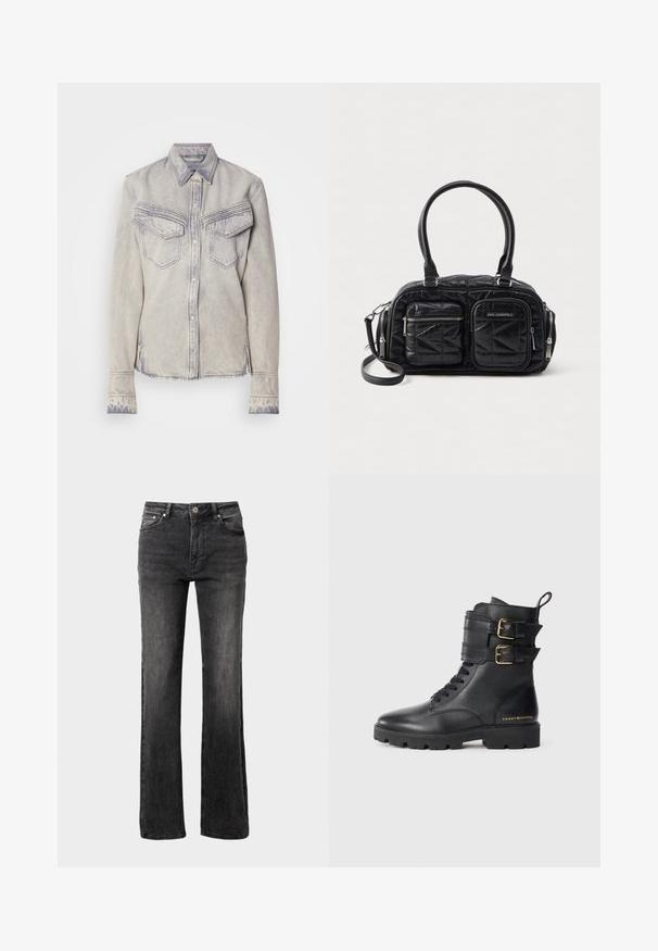 Lysvasket denimskjorte med spidse kraver, to brystlommer og knaplukning. Har kontrastsyet og frynset kant.; Sorte denim jeans med lige ben, høj talje, forlommer og subtil falming for tekstur. Metalknap og lynlås lukning.; Sorte læder ankelstøvler med to spænde detaljer, snørebånd foran og tekstureret gummisål for bedre greb. Guld logo på siden.; Sort quiltet håndtaske lavet af syntetisk materiale, med to frontlommer med lynlås og en aftagelig skulderrem. Glat tekstur, rund form.