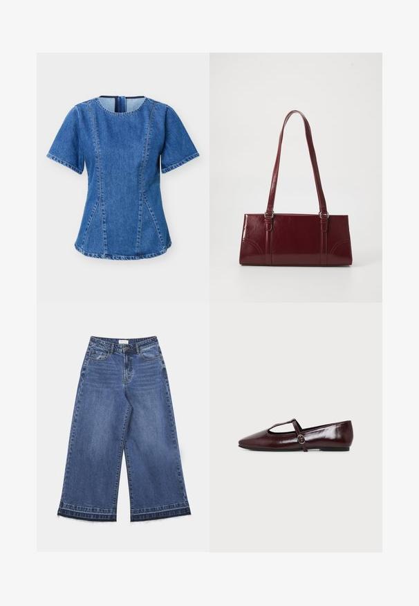 Κοντομάνικη μπλε denim εφαρμοστή μπλούζα με στρογγυλή λαιμόκοψη, κάθετες λεπτομέρειες ραφής και κρυφό φερμουάρ στο πίσω μέρος.; Μπλε τζιν παντελόνια με φαρδύ πόδι, κούμπωμα με κουμπί και φερμουάρ, εμπρόσθιες τσέπες, θηλιές για ζώνη και ακατέργαστες λεπτομέρειες στο τελείωμα.; Σκούρο δερμάτινο παπούτσι μπαλαρίνα σε μπορντό χρώμα, με μυτερή μύτη και λεπτό T-λουράκι με ασημένια αγκράφα σε λευκό φόντο.; Μπορντό τσάντα ώμου από γυαλιστερό υλικό, ορθογώνιο σχήμα, με δύο ιμάντες ώμου και λεπτές καμπύλες λεπτομέρειες στο μπροστινό μέρος.
