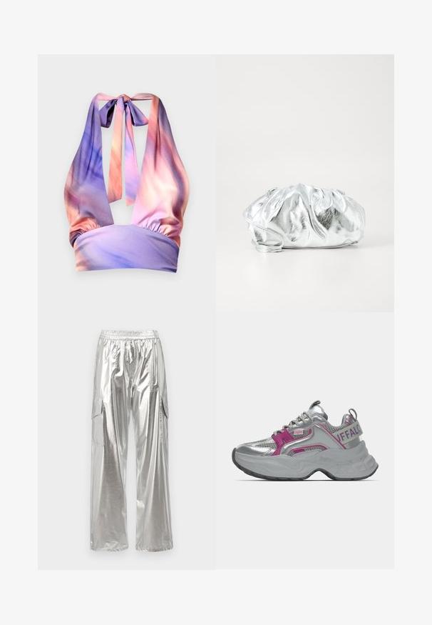 Haut à col halter en tissu doux, présentant des nuances de rose et de violet pastel, avec un bandeau élastique froncé et des liens au dos.; MCM METALLIC PANTS - Pantalon cargo - silver; Baskets épaisses argentées avec des accents roses, panneaux en mesh, semelle épaisse et marquage "Buffalo" sur la bride du talon et le côté.; Pochette argent métallique avec un corps doux et froncé et une fine bandoulière. Présente une texture lisse et brillante ainsi qu'une forme arrondie.