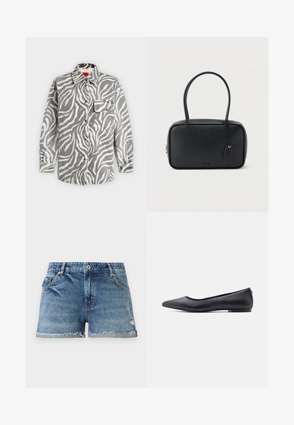 Chemise à manches longues boutonnée avec imprimé zèbre gris et blanc, col pointu et poche avant à rabat sur fond uni.; Shorts en denim avec ourlets effilochés, bouton et fermeture éclair à l'avant, poches frontales et petit détail usé sur la jambe droite.; Chaussure plate en cuir noire à bout pointu avec petit talon, vue de profil sur fond blanc.; Sac à main rectangulaire noir avec doubles poignées arrondies, fermeture éclair dorée et logo "HUGO" embossé sur le devant avec une étiquette en cuir attachée.