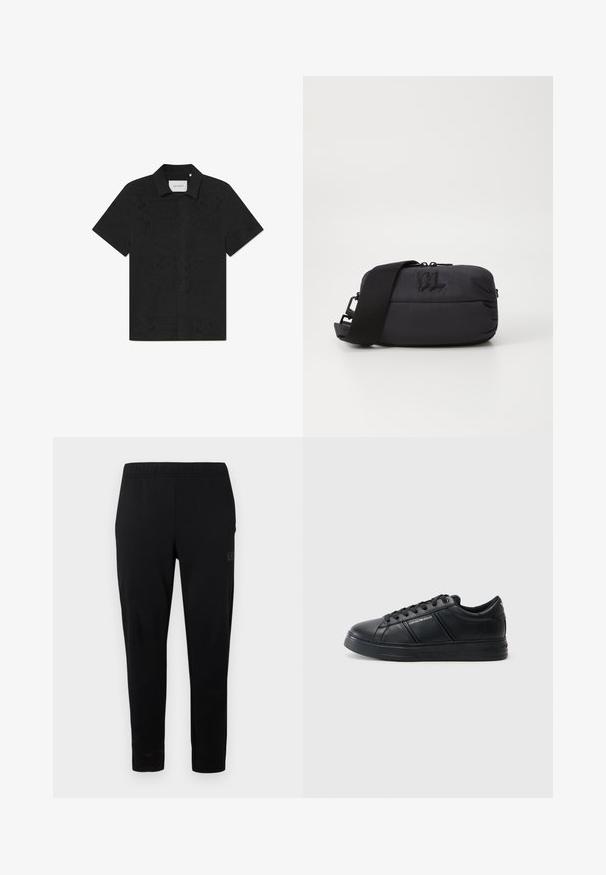 Schwarzes kurzärmliges Shirt aus atmungsaktiven Stoff mit kunstvollen Ausschnittmustern und einer geknöpften Front.; Schwarze Sporthose mit elastischem Bund, schmaler Passform und ohne sichtbare Schnallen. Ausgestattet mit einem dezenten Logo, das seitlich aufgedruckt ist.; Schwarze Leder-Sneaker mit glatter Oberfläche, abgerundeter Zehenpartie, Schnürung an der Vorderseite, gepolstertem Kragen und strukturierten Seitenelementen. Dezente Logodetails sichtbar.; Schwarze Nylon-Schultertasche mit glatter Textur, Reißverschlussverschluss, verstellbarem Tragegurt und geprägtem Logo-Detail auf der Vorderseite.