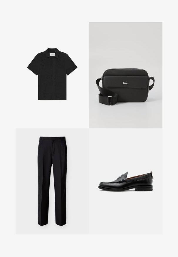 Camisa negra de manga corta hecha de una tela transpirable que presenta intrincados patrones de corte y un frente abotonado.; Pantalones negros hechos a medida con corte recto, pinzas delanteras y bolsillos laterales. Elaborados con una tela suave y ligera con un patrón sólido.; Mocasín de hombre de piel negra con costura moc toe, tira penny, cuello texturizado y tacón bajo apilado sobre fondo blanco.; Bolso bandolera de cuero negro con una superficie texturizada, una solapa frontal y un logo plateado. Cuenta con una correa ajustable y forma rectangular.