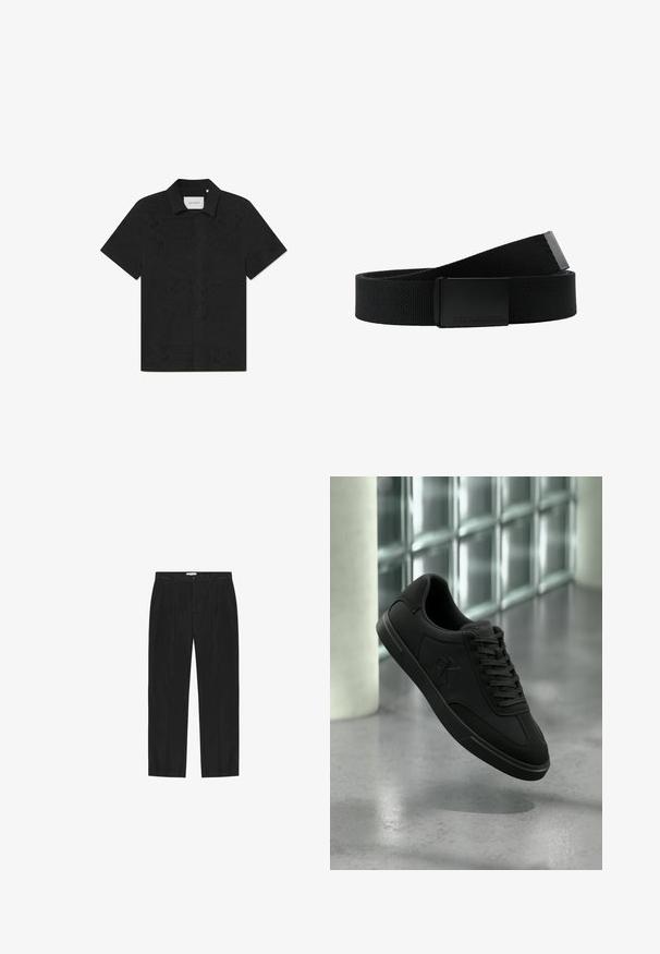 Schwarzes kurzärmliges Shirt aus atmungsaktiven Stoff mit kunstvollen Ausschnittmustern und einer geknöpften Front.; Schwarze Hose mit geradem Schnitt aus glattem Stoff. Mit zwei vorderen Taschen und Ein-Knopf-Verschluss, dazu gebügelte Bügelfalten.; Schwarzer Low-Top-Sneaker mit Schnürsenkeln und "CK"-Logo an der Seite, schwebt über einem polierten Betonboden in der Nähe einer Glasblockwand.; Schwarzer Stoffgürtel mit strukturiertem Finish, ausgestattet mit einer rechteckigen schwarzen Metallschnalle. Die Schnalle ist mit dem Branding "Urban Classics" verziert.