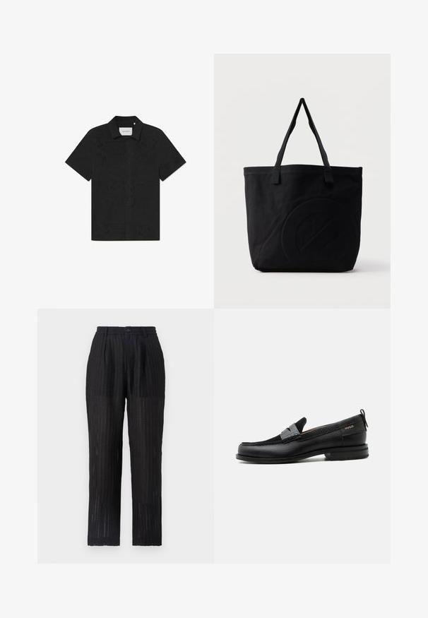 Schwarzes kurzärmliges Shirt aus atmungsaktiven Stoff mit kunstvollen Ausschnittmustern und einer geknöpften Front.; Schwarze, plissierte Hose aus einem strukturierten, gemusterten Stoff. Mit elastischem Bund und Knopfverschluss, gerade Schnittform.; Schwarzer Lederloafer mit grauem Riemendetail, niedrigem Absatz und strukturierter Sohle, seitlich mit „HUGO“ in Gold gebrandmarkt.; Schwarze Canvas-Shopper-Tasche mit zwei Schulterriemen und einem dezenten, eingeprägten kreisförmigen Design auf der Vorderseite.