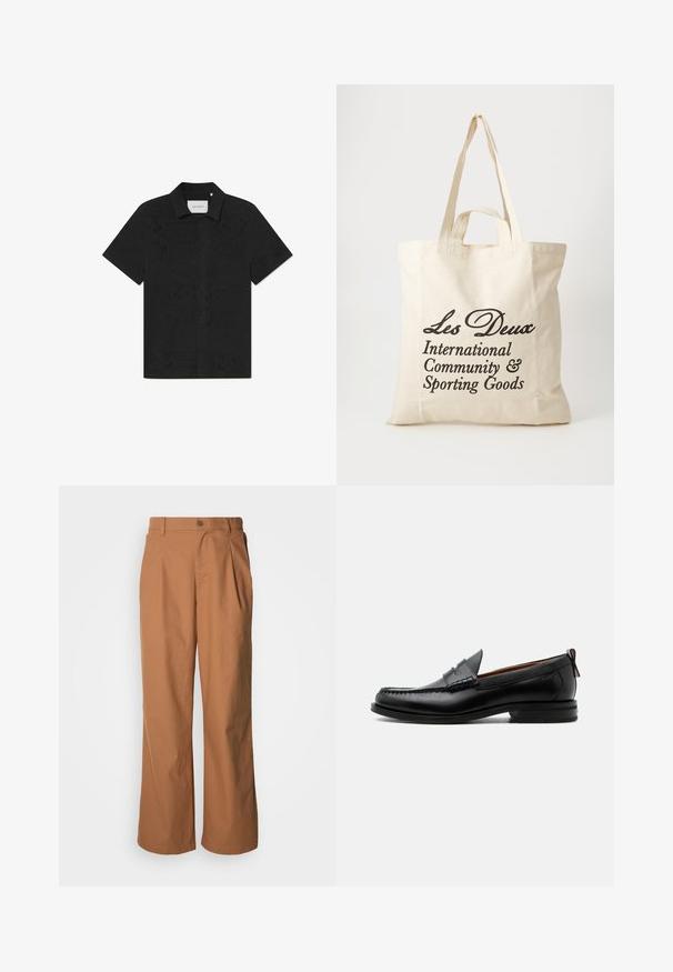 Camisa negra de manga corta hecha de una tela transpirable que presenta intrincados patrones de corte y un frente abotonado.; Pantalones de pierna ancha en un tejido marrón cálido, con cierre frontal de botones, pliegues sutiles y corte recto para un ajuste relajado.; Mocasín de hombre de piel negra con costura moc toe, tira penny, cuello texturizado y tacón bajo apilado sobre fondo blanco.; Bolsa de algodón beige con dos asas resistentes. Presenta un texto impreso en negro: "Les Deux International Community & Sporting Goods."