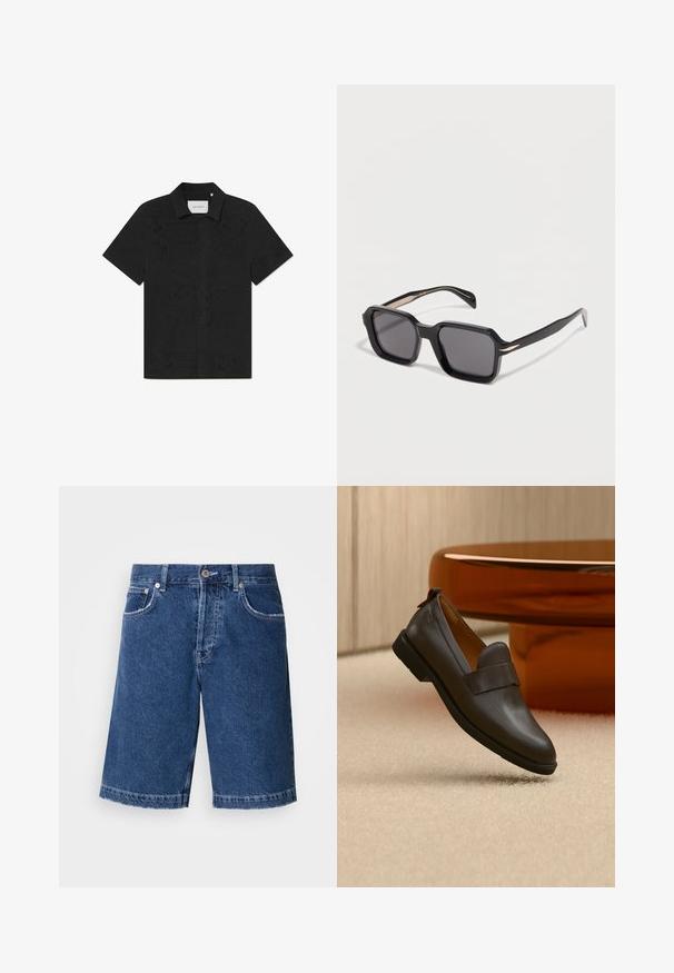 Kortærmet sort skjorte lavet af åndbart stof med indviklede udskæringsmønstre og en knappet front.; Denim shorts i mørkeblå, med lige skæring, to forlommer og en klassisk knappelukning. Syet kant med let falmning.; Mørkebrun læderloafer med lav hæl svævende over beige tæppe, ved siden af et blankt, afrundet bord i ravfarve.; Sorte firkantede solbriller med mørke linser og tynde stænger på en hvid overflade.