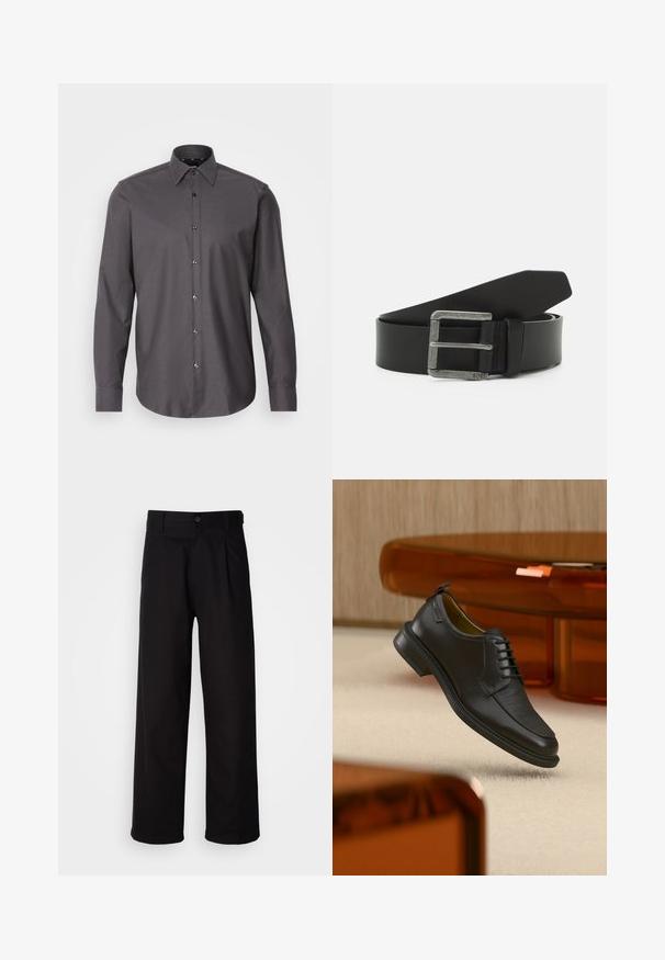 Chemise boutonnée gris foncé avec manches longues, col et petit motif texturé. Présente des boutons brillants et un ourlet arrondi.; Pantalon noir en tissu lisse, avec une coupe droite, des plis à l'avant et une fermeture à bouton unique à la taille.; Chaussure habillée noire en cuir à lacets avec devant texturé, flottant au-dessus d'un tapis beige dans une pièce moderne avec des meubles teintés d'ambre.; Ceinture en cuir noir avec une boucle en métal argenté rectangulaire. Elle présente une texture lisse et un design simple, avec une extrémité pointue.