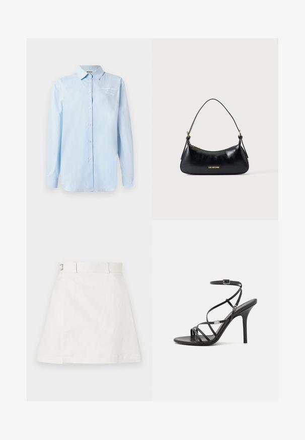 Lichtblauw overhemden van katoen. Beschikt over een klassieke kraag, lange mouwen en geborduurde details op de bovenste linkerkant.; Soulland SKIRT - Jeansrok - white; Zwarte hoge hakken sandaal met dunne banden, een enkelgesp, een gladleren oppervlak en een slanke stilettohak.; Zwarte leren schoudertas met gouden rits en "LOVE MOSCHINO" logo aan de voorkant, voorzien van een gebogen bovenhengsel.