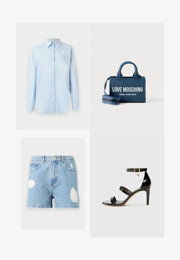 Camisa abotonada azul claro hecha de algodón. Presenta un cuello clásico, mangas largas y un detalle bordado en la parte superior izquierda.; Pantalones cortos de mezclilla azul claro con cintura alta, cierre de botones, bolsillos delanteros y parches desgastados en la parte delantera y lateral.; Sandalia de charol negro con tres correas, hebilla en el tobillo y tacón de aguja de 10 cm. Presenta detalles de hardware en oro y un charm con el logo.; Pequeño bolso de mezclilla azul con asas cortas y correa de hombro desmontable, con la inscripción "LOVE MOSCHINO Made with love" en blanco en el frente.