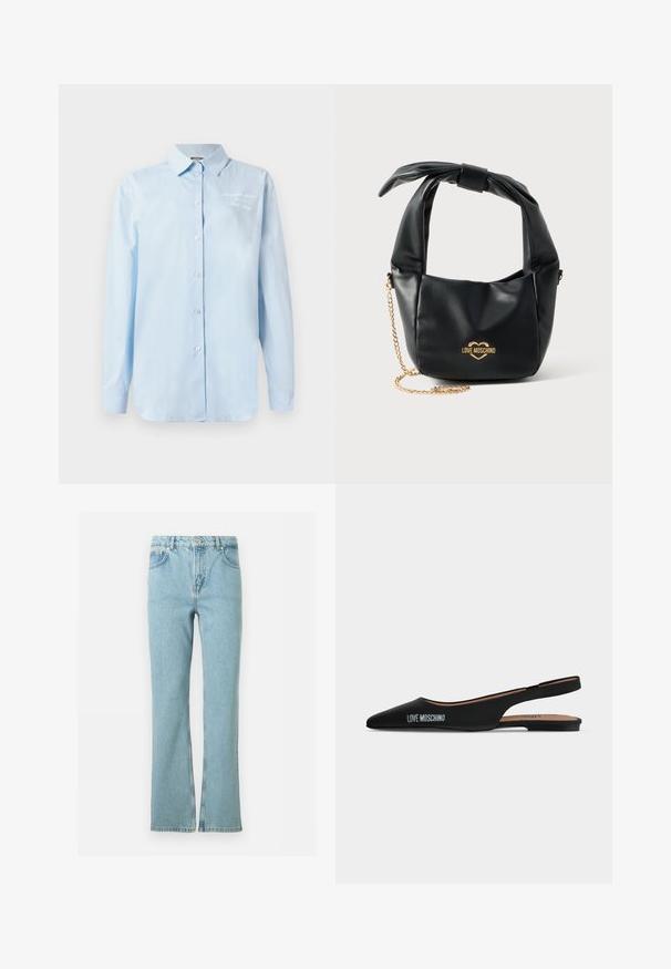 Lichtblauw overhemden van katoen. Beschikt over een klassieke kraag, lange mouwen en geborduurde details op de bovenste linkerkant.; Lichtblauwe denim jeans met rechte pijpen, voorste knoopsluiting, rits, riemlussen en vijf zakken, afgebeeld tegen een witte achtergrond.; Zwarte puntige slingback platte schoen met lage hak en "LOVE MOSCHINO"-logo aan de zijkant tegen een effen lichte achtergrond.; Zwarte zachte leren Love Moschino handtas met geknoopt handvat en gouden kettingriem op een witte achtergrond.