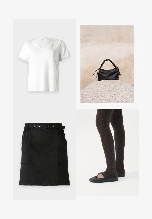 T-shirt blanc à manches courtes avec un col en V, ornée d'une délicate bordure en dentelle au niveau du col et des bords des manches, fabriquée en tissu léger.; Jupe en daim noir avec une coupe ajustée, dotée de passants de ceinture, d'une boucle et de deux poches latérales. Texture lisse, design à hauteur de genoux.; Jambes portant des leggings côtelés foncés associés à des ballerines noires avec de petits détails en nœud sur fond blanc.; Sac à main noir froncé avec une poignée froncée, posé sur une sphère en pierre texturée devant un mur en béton beige.