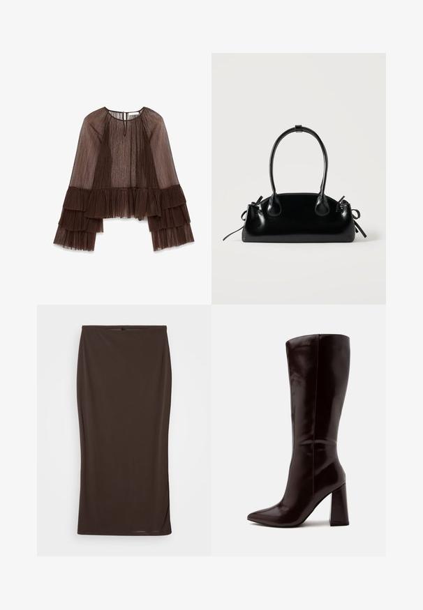 Haut plissé marron avec de longues manches volantes, présentant un décolleté arrondi et une fermeture à boutons au dos. Tissu texturé et fluide.; Jupe midi marron en tissu extensible, design ajusté, texture lisse et apparence simple et sans embellissement.; Botte haute en cuir marron foncé avec bout pointu et talon bloc sur un fond clair uni.; Petit sac à main noir brillant avec deux longues anses et des détails à cordon sur les côtés sur un fond clair uni.
