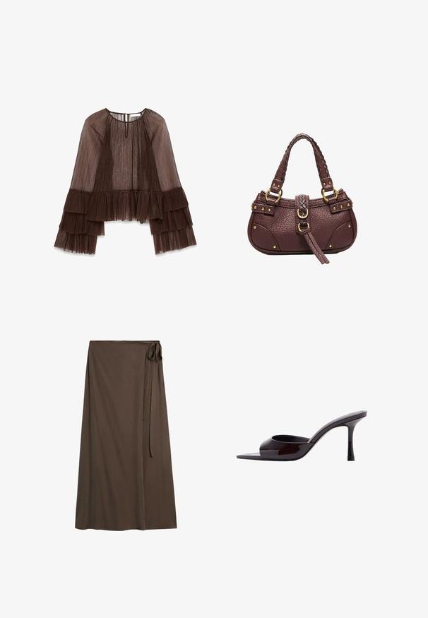 Haut plissé marron avec de longues manches volantes, présentant un décolleté arrondi et une fermeture à boutons au dos. Tissu texturé et fluide.; Longue jupe portefeuille marron foncé avec fermeture à nouer sur le côté et tissu lisse et fluide.; Mule en cuir verni noir à bout ouvert avec un talon stiletto fin de hauteur moyenne et une bride supérieure basse.; Petit sac à main en cuir texturé marron foncé avec poignée tressée, clous dorés, anneaux et détail de sangle tressée à l'avant.