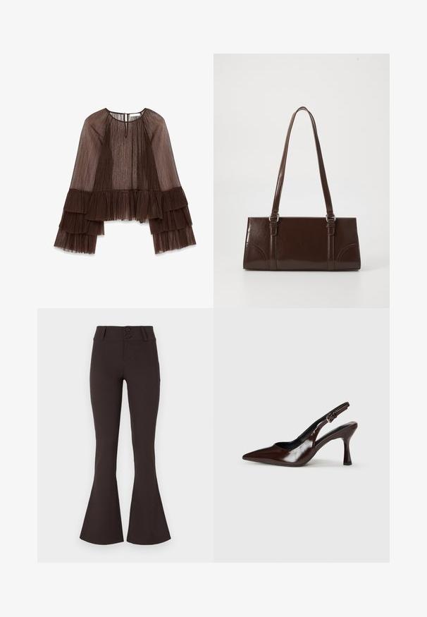 Haut plissé marron avec de longues manches volantes, présentant un décolleté arrondi et une fermeture à boutons au dos. Tissu texturé et fluide.; Pantalons évasés marron en tissu extensible. Caractérisés par une taille haute avec deux boutons et une texture lisse. Sans motifs ni embellissements.; Talons slingback en cuir verni brun avec un bout pointu, un talon fin, et une sangle réglable avec une petite boucle.; Sac à main en cuir verni marron de forme rectangulaire, avec deux longues poignées et des accents courbés subtils à l'avant.