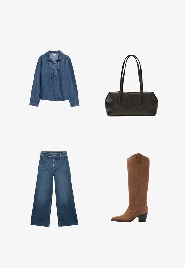 Denim langærmet pullover med snørelukning foran og krave, løs pasform og lige kant.; Bredde ben blå denim jeans med en falmet finish, lynlås og en frynset kant. Har fem lommer og beige syninger.; Brune ruskinds knæhøje støvler med spids tå, skrå hæl og dekorativ syning på skaftet. Glat tekstur og tilspidset design.; Sort lædertaske i rektangulær form med lange dobbelte skulderremme og en struktureret overflade, vist mod en ensfarvet hvid baggrund.