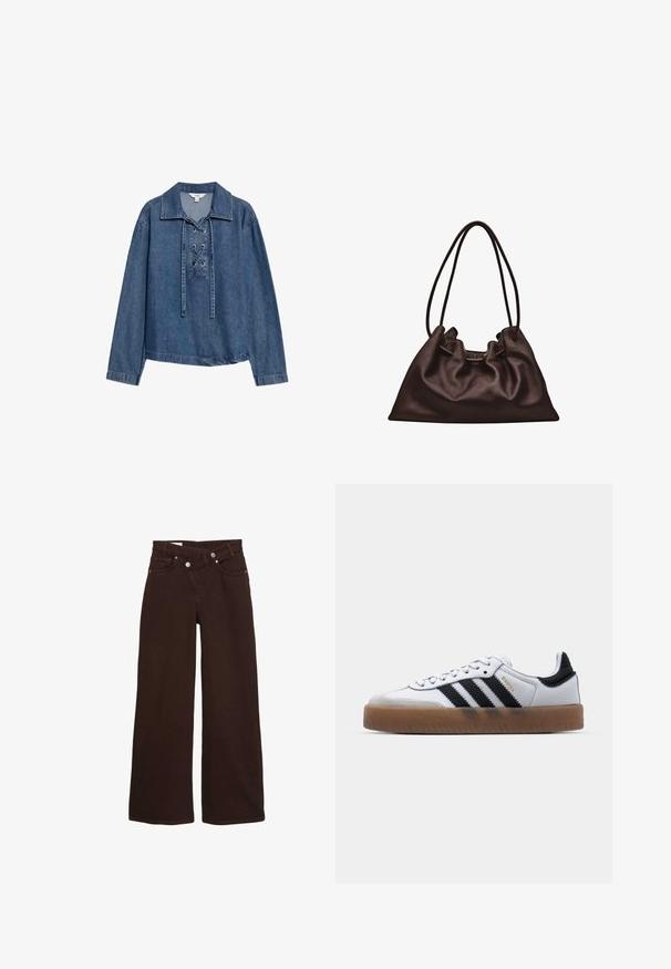 Denim langærmet pullover med snørelukning foran og krave, løs pasform og lige kant.; Brune vide ben jeans med høj talje, front lynlås og knaplukning, der har for- og baglommer.; Hvide lædersneakers med sorte striber, gummirubber sål, rund tå, snørelukning og blød grå ruskinds tåhætte.; Blød mørkebrun læderhåndtaske med en slasket form og to tynde skulderstropper mod en hvid baggrund.