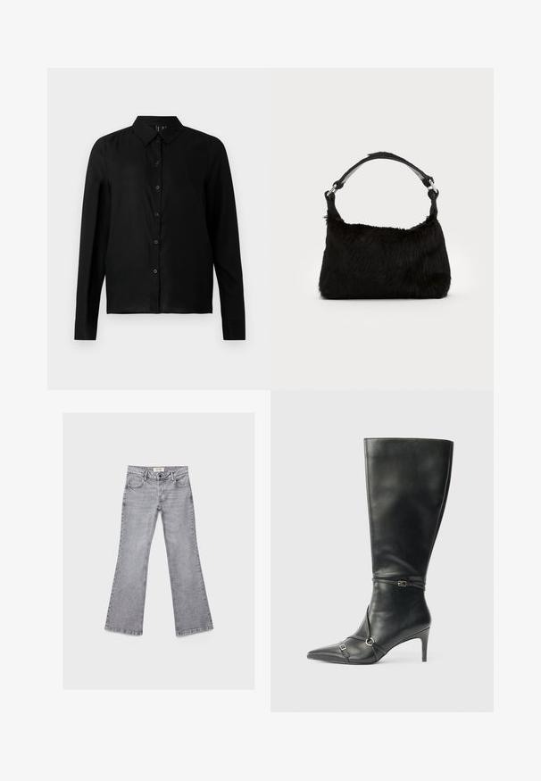 Chemise noire à manches longues avec boutons, fabriquée en tissu lisse. Dotée d'un col classique et d'une coupe droite avec une fermeture à boutons sur le devant.; Jean gris clair à jambes droites avec poches avant et arrière, passants de ceinture et fermeture par bouton, présenté à plat sur un fond blanc.; Bottes noires en cuir montant jusqu'au genou, avec un talon fin, un bout pointu et des détails de lanière à la cheville. Texture lisse et design ajusté.; Sac à main en fausse fourrure noire avec une texture douce, une forme arrondie et une bandoulière en cuir noir robuste. Accent en métal argenté visible.