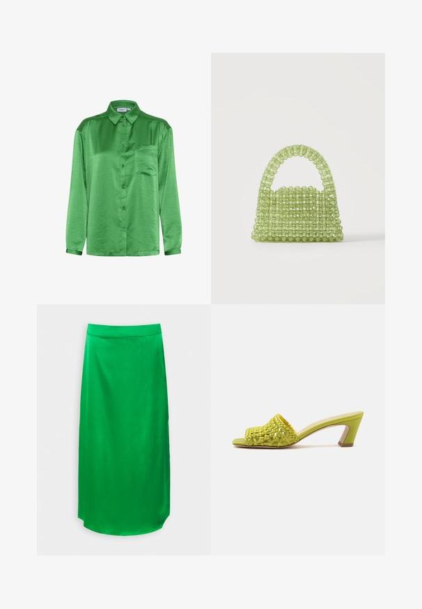 Roheline satiinist särk, pikad varrukad, nööbid ees, üks rinna-tasku ja sile tekstuur. Krae ja mansetid on samast kangast.; Object OBJNAYA MIDI SKIRT - A-lõikeline seelik - fern green; Avatud varbaosaga jalats lime-rohelises toonis, kudumnahast pealiskihi ja keskmise kõrgusega plokktakiga, ühevärvilise taustaga.; Väike roheline käekott, mis on valmistatud läbipaistvatest ümmargustest helmestest, helmestega sangaga, ühevärvilise valge taustaga.