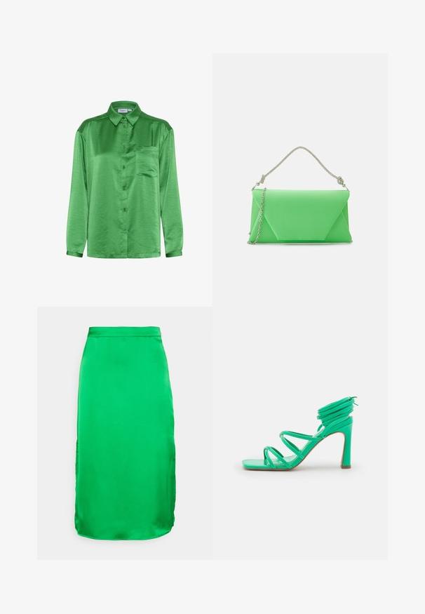 Chemise en satin vert à manches longues, devant à boutons, poche poitrine unique et texture lisse. Le col et les poignets sont assortis au tissu.; Object Petite OBJNAYA MIDI SKIRT PETITE - Jupe crayon - fern green; NA-KD STRAPPY FUNNEL - Sandales à talons hauts - green; Mascara CB61156 - Pochette - apple