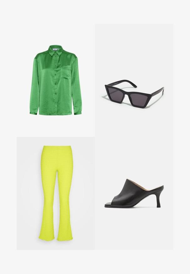 Chemise en satin vert à manches longues, devant à boutons, poche poitrine unique et texture lisse. Le col et les poignets sont assortis au tissu.; Even&Odd by Zalando Pantalon classique - green; Selected ASHLEY - Mules à talons - black; Lunettes noires angulaires avec des verres gris ; fabriquées en plastique, avec des branches épaisses à la surface lisse et sans matériel visible.