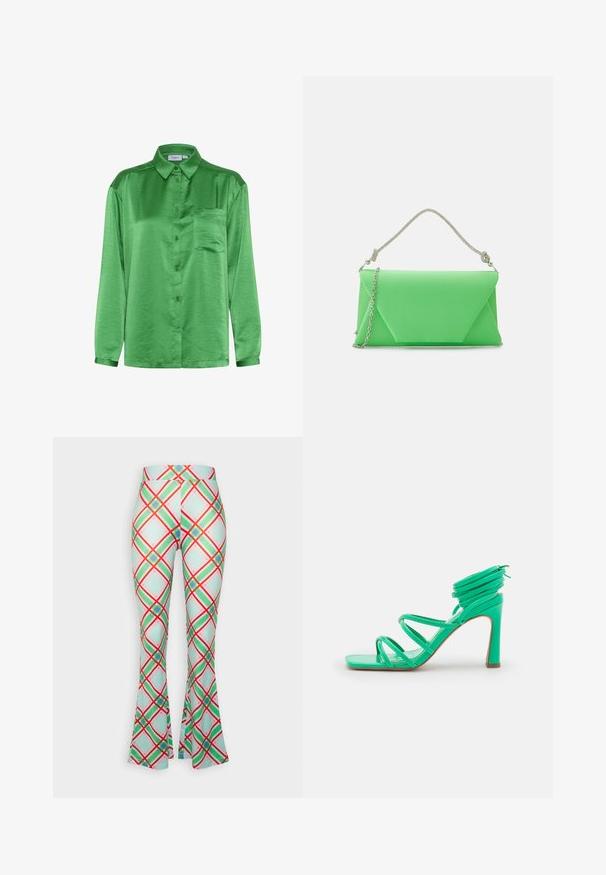 Groen satijnen shirt met lange mouwen, een knoopsluiting aan de voorkant, een enkele borstzak en een gladde textuur. Kraag en manchetten zijn van dezelfde stof.; Neon & Nylon AUDREY FLARED PANTS - Broek - aruba blue multi; NA-KD STRAPPY FUNNEL - Sandalen met hoge hak - green; Mascara CB61156 - Clutch - apple