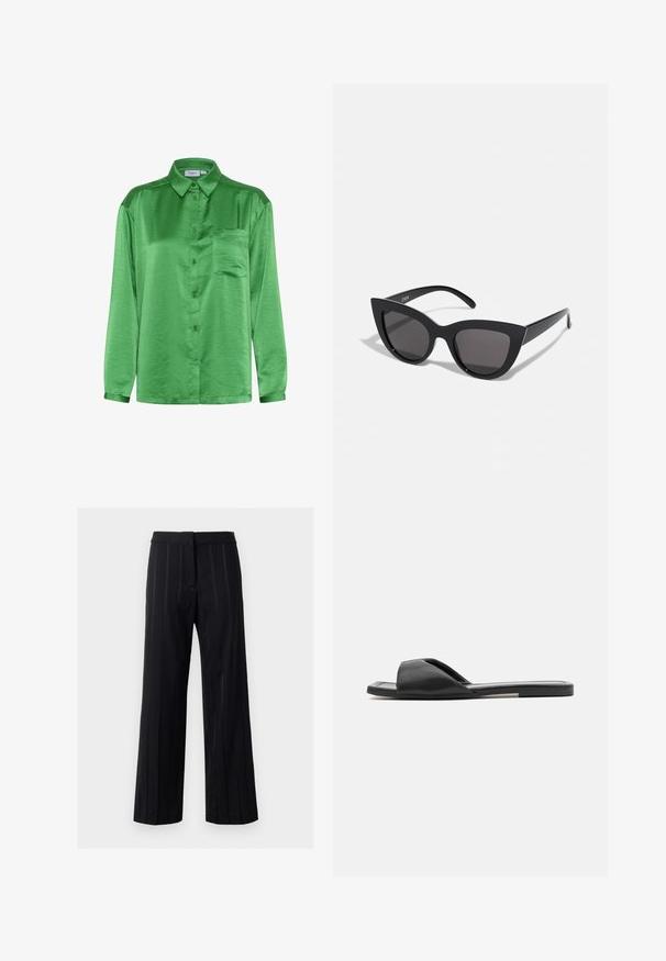 Grøn satin skjorte med lange ærmer, knaplukning fortil, enkelt brystlomme og glat tekstur. Krave og manchetter matcher stoffet.; Sorte bindestreger bukser med lige ben, glat tekstur, skræddersyet talje og subtile detaljer langs striberne.; Sorte slidesandaler har et glat syntetisk materiale, åben tå-designet og en flad sål med en minimal dekorationsstribe på siden.; Sorte cat-eye solbriller med mat finish, der har grå tonede linser, skarpe vinkler og slanke sidearme. Mærkenavnet er synligt på den indre arm.