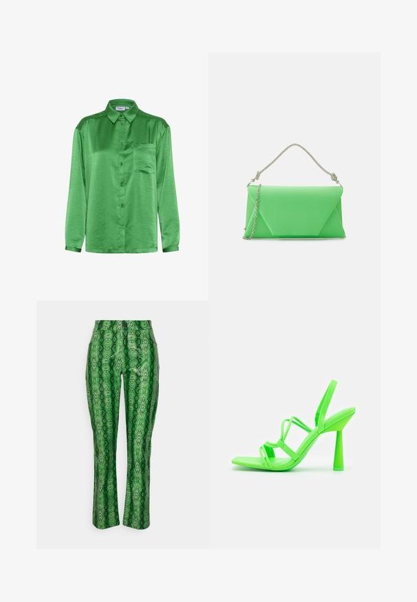 Grünes Satinhemd mit langen Ärmeln, Knopfverschluss vorne, einer Brusttasche und glatter Textur. Kragen und Manschetten sind aus demselben Stoff.; Résumé PANT - Stoffhose - kiwi; Call it Spring High Heel Sandalette - bright green; Mascara CB61156 - Clutch - apple
