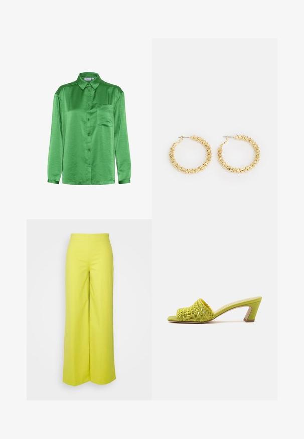 Groen satijnen shirt met lange mouwen, een knoopsluiting aan de voorkant, een enkele borstzak en een gladde textuur. Kraag en manchetten zijn van dezelfde stof.; DRYKORN BEFORE - Broek - yellow; Open teen mulehak in limoengroen met gevlochten leren bovenwerk en een blokhak van middelhoogte tegen een effen achtergrond.; Gouden hoepeloorbelletjes met een gestructureerd oppervlak en kleine, ronde accenten. Ronde vorm en sluiting met een pin.