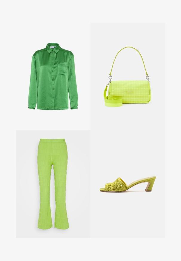 Grünes Satinhemd mit langen Ärmeln, Knopfverschluss vorne, einer Brusttasche und glatter Textur. Kragen und Manschetten sind aus demselben Stoff.; Résumé RIO PANT - Stoffhose - kiwi; Offener Zehen-Mule-Absatz in Limettengrün mit geflochtenem Lederobermaterial und einem mittelhohen Blockabsatz vor einfarbigem Hintergrund.; Neon-gelbe Handtasche mit geometrischem Muster, rechteckiger Form, schlankem Körper, verstellbarem Tragegurt und silbernen Hardware-Elementen.