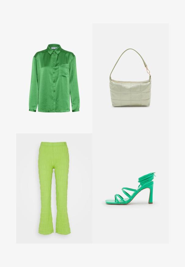 Groen satijnen shirt met lange mouwen, een knoopsluiting aan de voorkant, een enkele borstzak en een gladde textuur. Kraag en manchetten zijn van dezelfde stof.; Résumé RIO PANT - Broek - kiwi; NA-KD STRAPPY FUNNEL - Sandalen met hoge hak - green; Gewatteerde groene schoudertas met een zachte textuur, rechthoekige vorm, enkele schouderriem en een ritsluiting in goudkleur. Voorzien van een gewatteerd patroon.
