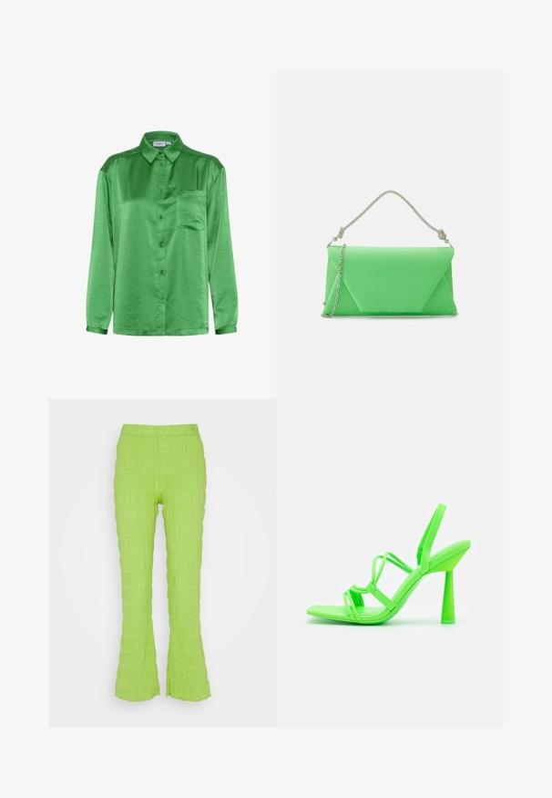 Grünes Satinhemd mit langen Ärmeln, Knopfverschluss vorne, einer Brusttasche und glatter Textur. Kragen und Manschetten sind aus demselben Stoff.; Résumé RIO PANT - Stoffhose - kiwi; Call it Spring High Heel Sandalette - bright green; Mascara CB61156 - Clutch - apple