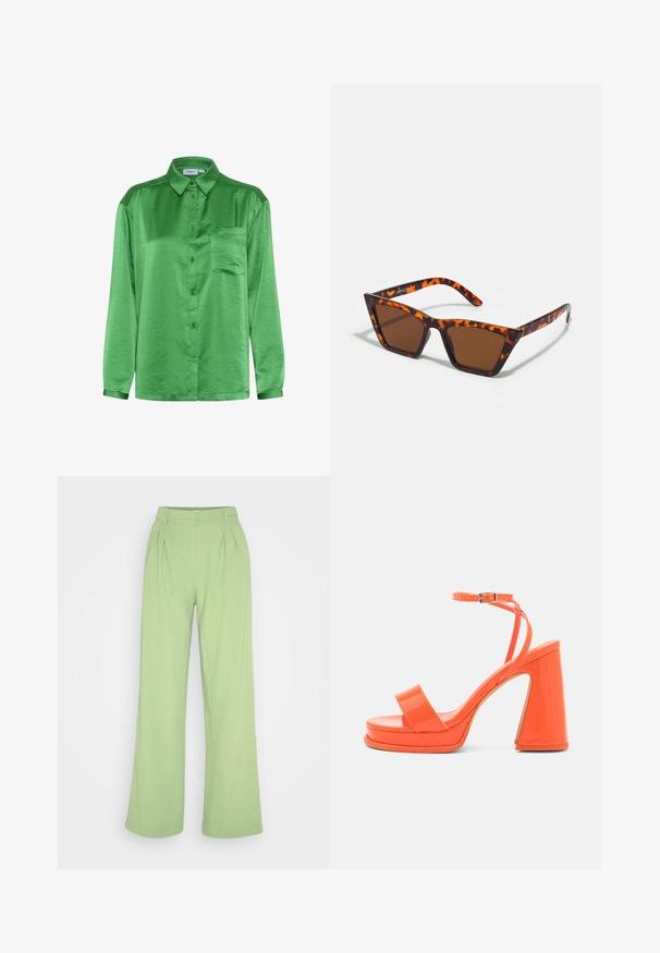 Chemise en satin vert à manches longues, devant à boutons, poche poitrine unique et texture lisse. Le col et les poignets sont assortis au tissu.; Envii LINE PANTS - Pantalon classique - tendril; Call it Spring Sandales à talons hauts - bright orange; Lunettes de soleil teintées de brun avec un motif écaille de tortue, monture angulaire et branches fines. Matériau en plastique léger.