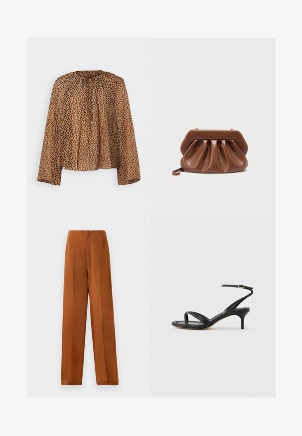 Blouse à imprimé animalier marron avec un col froncé, des manches longues et une coupe ample. Tissu léger avec une texture lisse.; Pantalons à jambes larges d'une couleur brun chaud, avec une texture lisse, une taille haute et des coutures blanches contrastantes le long des coutures.; Sandale pour femme en cuir noir avec fines lanières, une boucle d'orteil, une boucle à la cheville et un talon aiguille de hauteur moyenne sur un fond neutre.; Pochette en cuir marron au design plissé et structure rigide en haut, équipée d'une petite anse pour poignet et de détails de fermoir dorés.