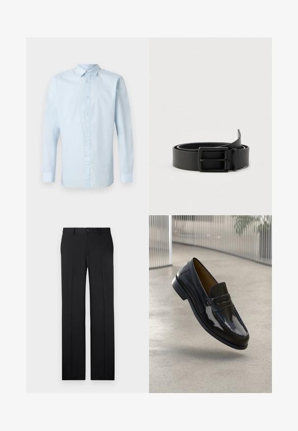 Camisa de manga larga azul claro hecha de tela suave, con frente de botones, cuello estándar y puños abotonados.; Pantalones negros a medida con corte recto, tejido suave, pliegues frontales y un cierre de botón en la cintura.; Mocasín de charol negro con un acento de costura, punta redonda, tacón bajo y superficie suave, exhibido sobre un fondo neutro.; Cinturón de cuero negro con textura suave y hebilla metálica rectangular, con un diseño sencillo y sin patrones o detalles visibles.